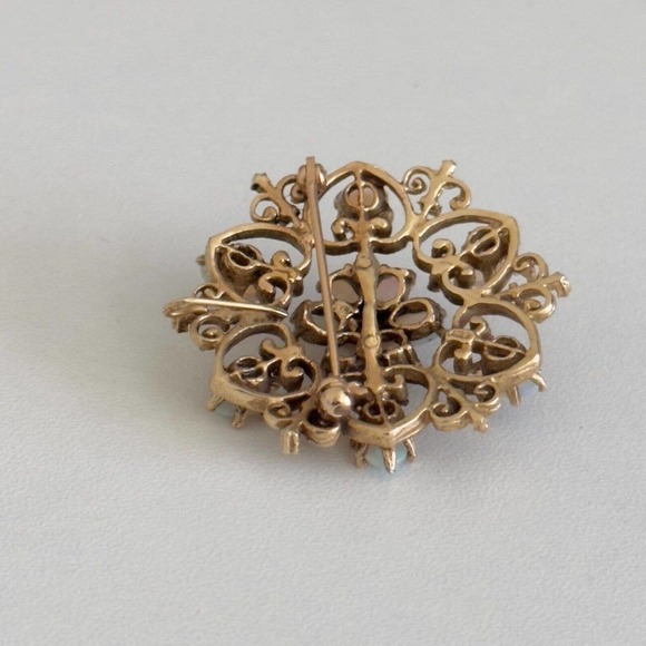 Vintage 14K Yellow Gold Opal Flower Heart Filigree Scroll Pendant Brooch Pin - Picture 6 of 10